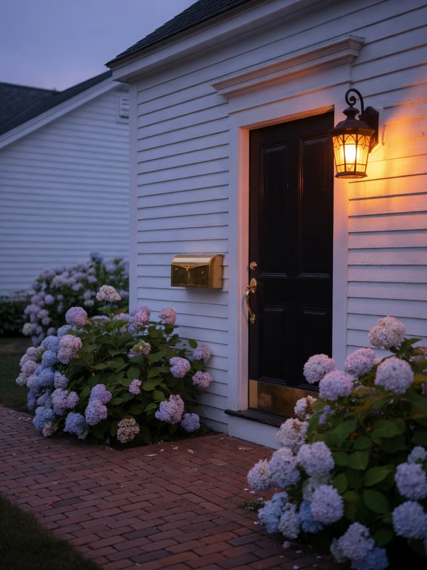 Front door and hydrangeas at dusk