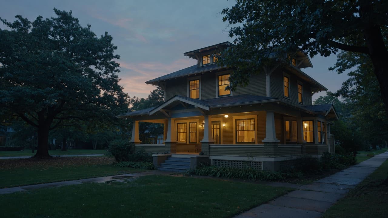 A craftsman house at dusk with every window lit