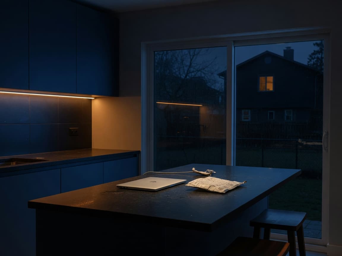 Kitchen island at night with a laptop