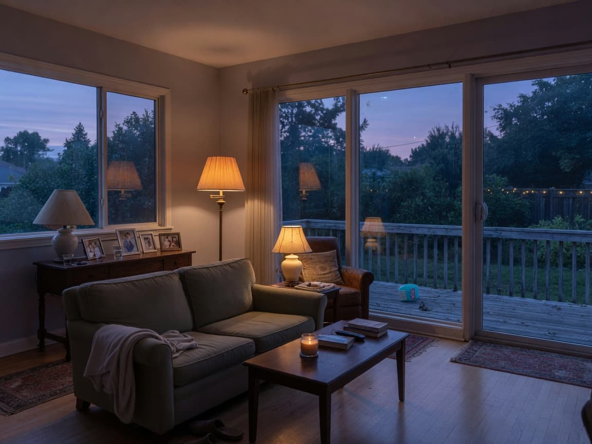 Staged living room looking onto a dusk backyard