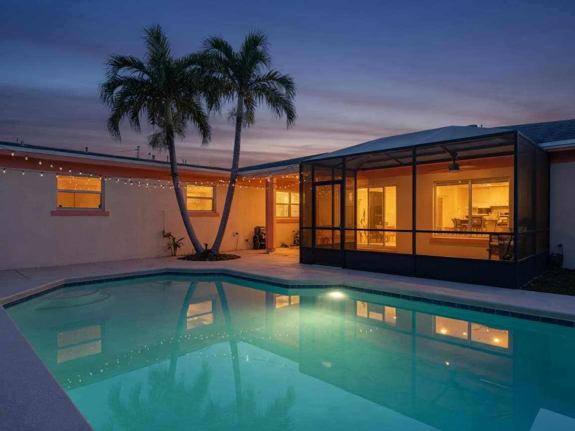 Florida pool home at dusk, a typical short-term rental