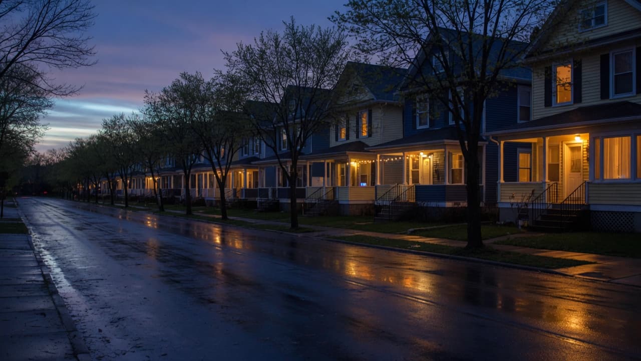 A wet residential street of houses at blue hour